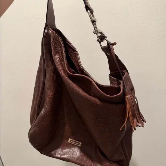 Coach Croc-Embossed Dark Brown Leather Hobo with Tassel - Picture 1 of 4